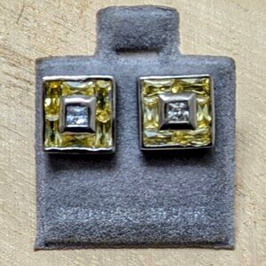 🆕 STERLING SILVER YELLOW & WHITE CENTER CUBIC ZIRCONIA SQUARE STUD EARRINGS